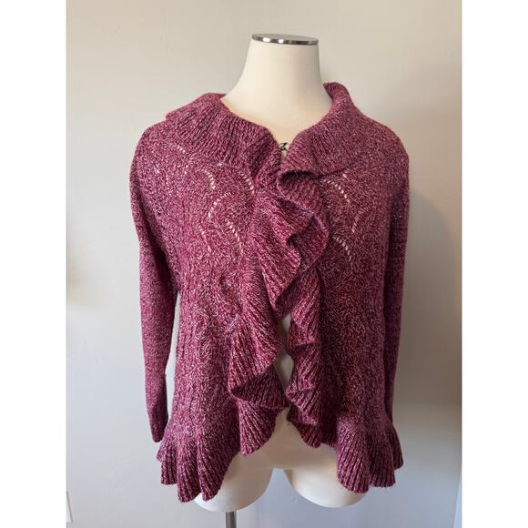 Vtg Y2K Carolyn Taylor Pink Marled Ruffle Cardigan Open Knit Shawl Collar Sz 2X - Picture 2 of 7